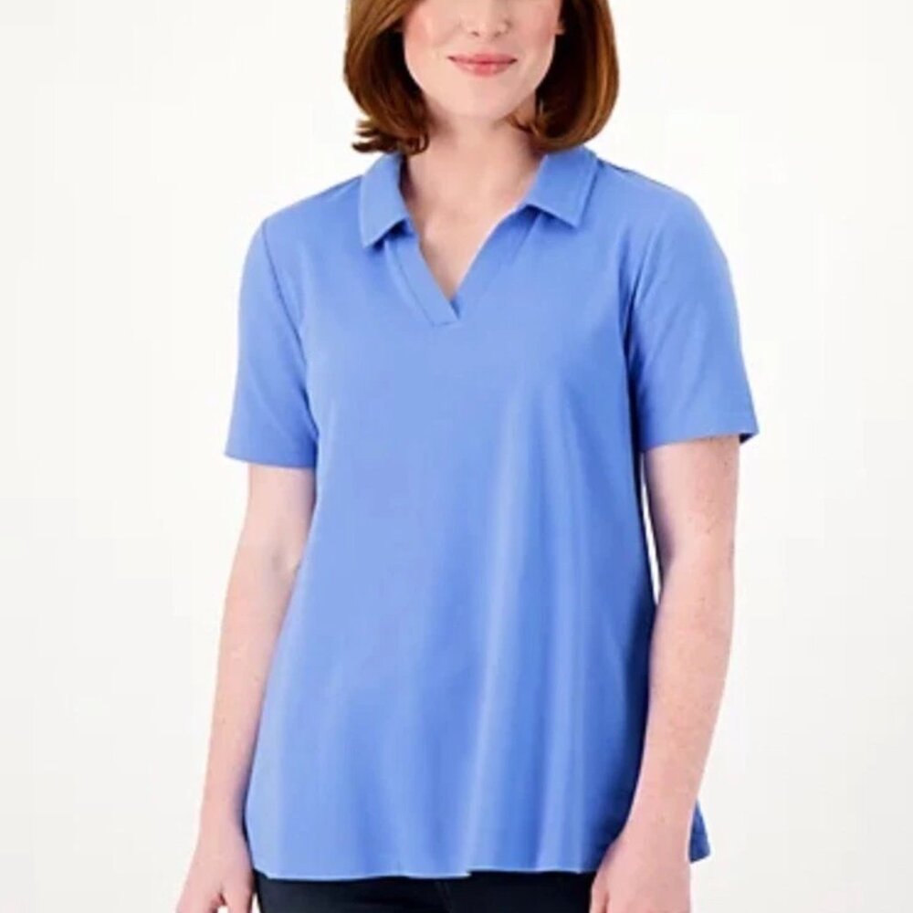 D & Co Essentials Blue Polo V-Neck Tee Size L–Casual Minimalist Style Americana